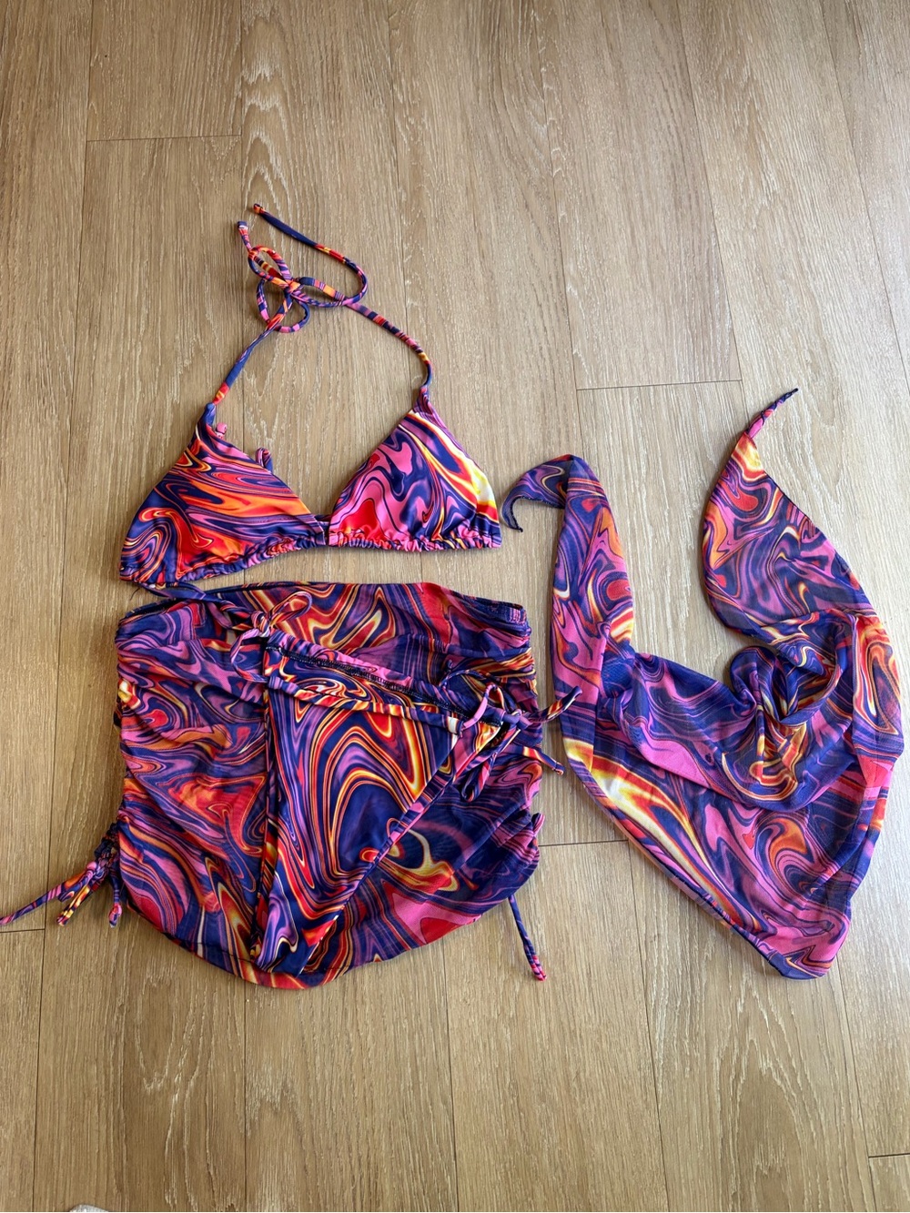Purple Swirl Print Bikini Cover-Up Set w/ Matching Skirt/Sarong & Bandana